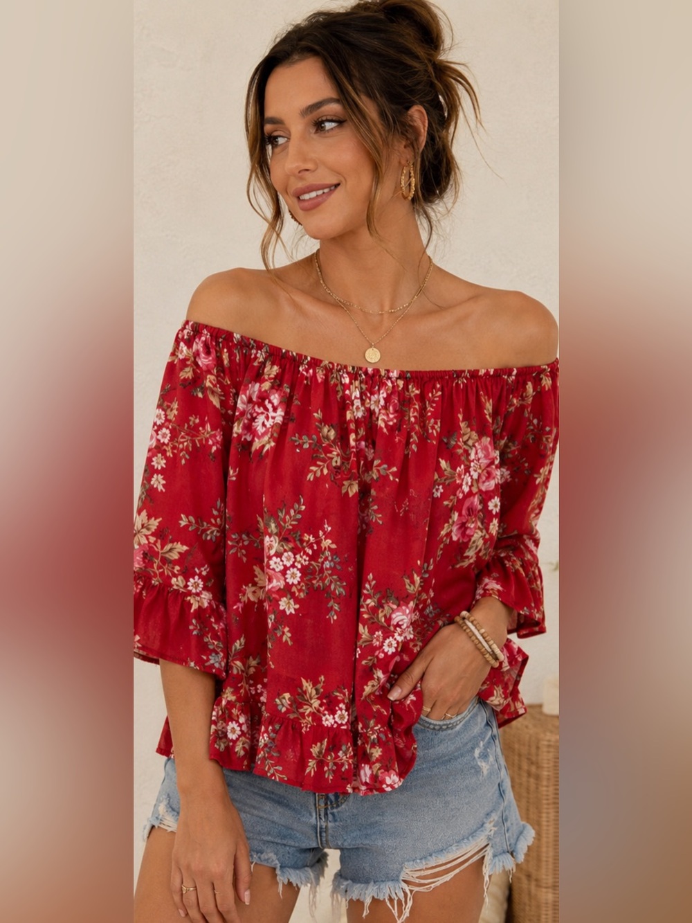 Denim & Supply Ralph Lauren Floral Off‎ Shoulder Peasant Top Red Small